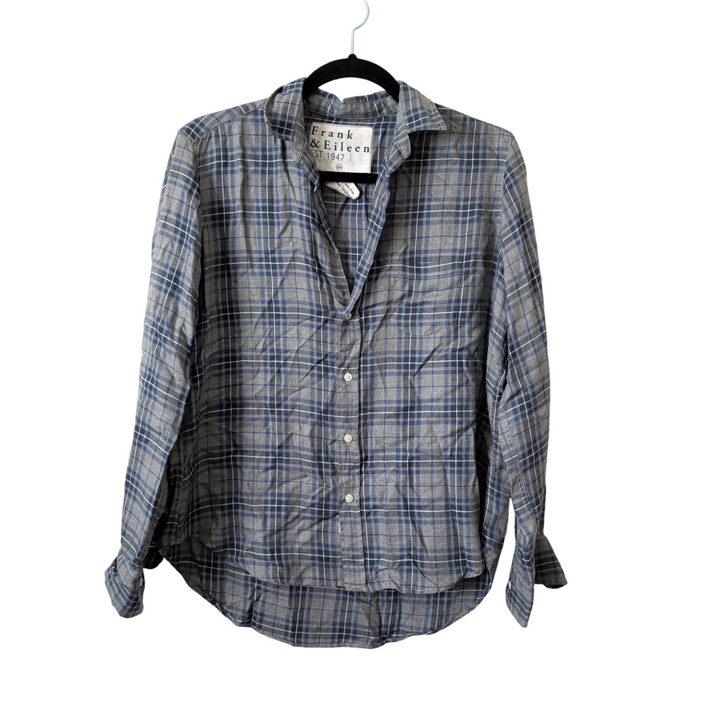 Frank & Eileen Blue Grey Plaid Cotton Button Up Shirt XXS Italy Fabric Oversized